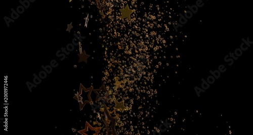 Abstract image of golden star confetti falling against a black backdrop. Ideal for festive designs, celebrations, and lu