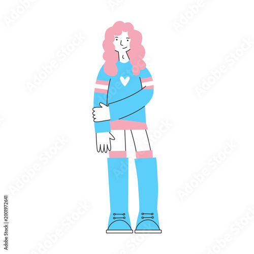 Transgender, gender fluid, queer person with long hair, trans symbols and flag colors. Self-expression, confidence, individuality concept. Diversity, inclusion, identity, lgbt pride.