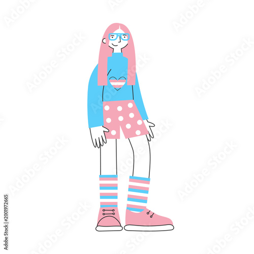 Transgender, gender fluid, queer person with long hair, glasses, trans symbols and flag colors. Self-expression, confidence, individuality concept. Diversity, inclusion, identity, lgbt pride.
