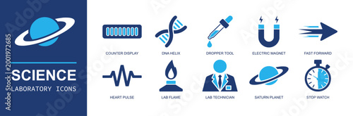 Science laboratory icon set. Containing counter display, dna helix, dropper, magnet, fast forward, heart pulse, lab flame, technician, saturn, stop watch and more. Solid fill vector icons.