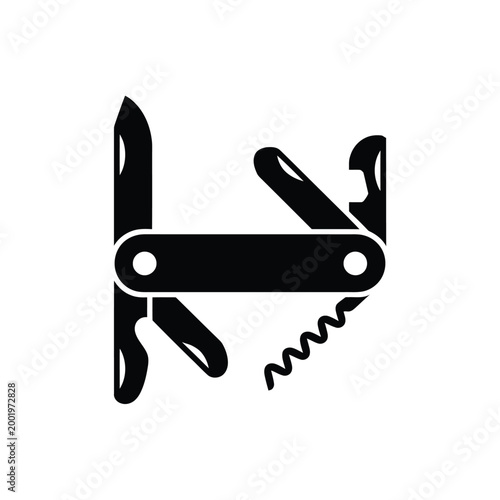 A black silhouette illustration of an open swiss army knife with tools