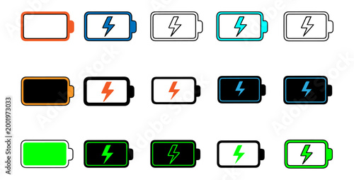 Battery charging icon set with lightning bolt symbols, power level indicators, flat UI vector collection isolated on white background
