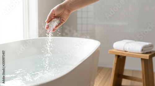A light-skinned hand pouring therapeutic epsom salt into a steamy bathtub in a bright, modern bathroom.