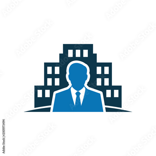 Corporate logo featuring a businessman silhouette in front of a building