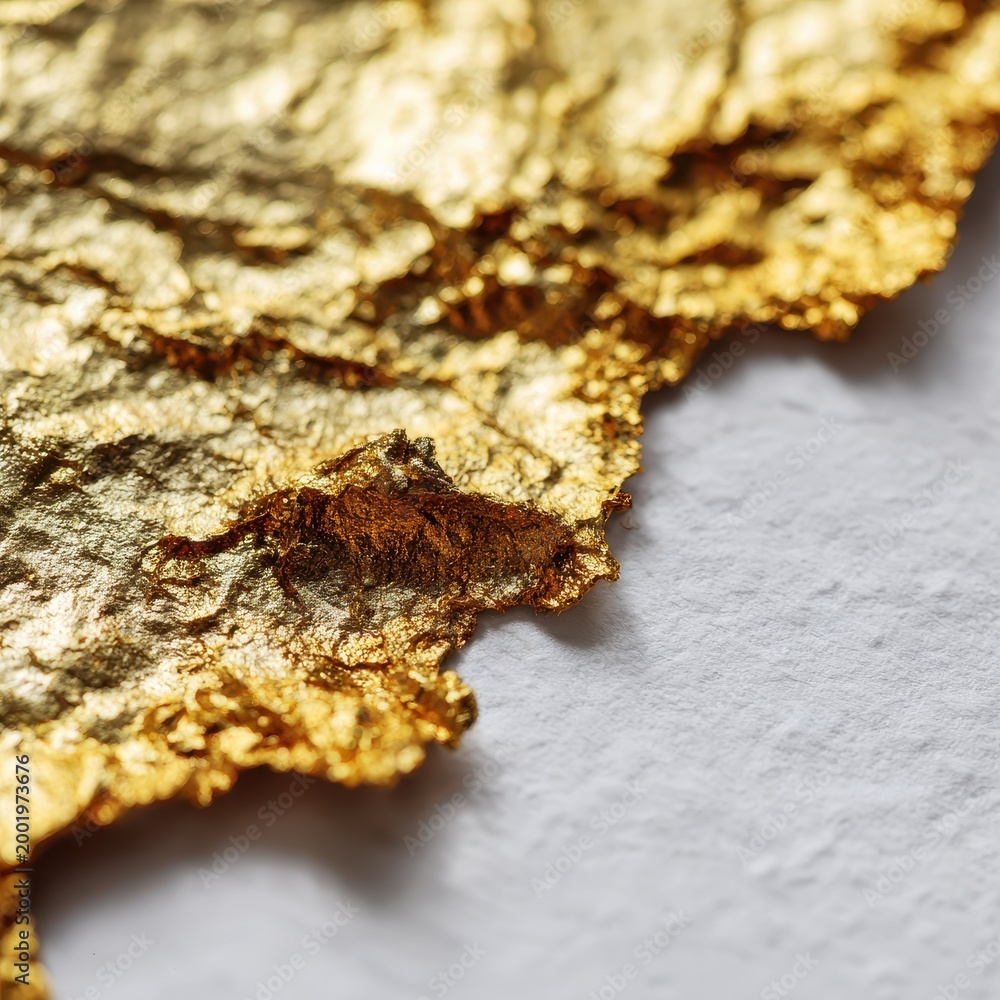 Fototapeta premium Shimmering gold foil fragments on bright white background, textured detail