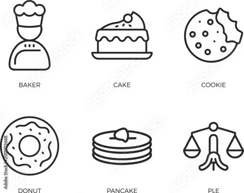 Bakery and Dessert Outline Icon Set Featuring Sweet Treats and Professional Baker, Confectionery and Pastry Shop Minimalist Icon Collection with Labeled Items