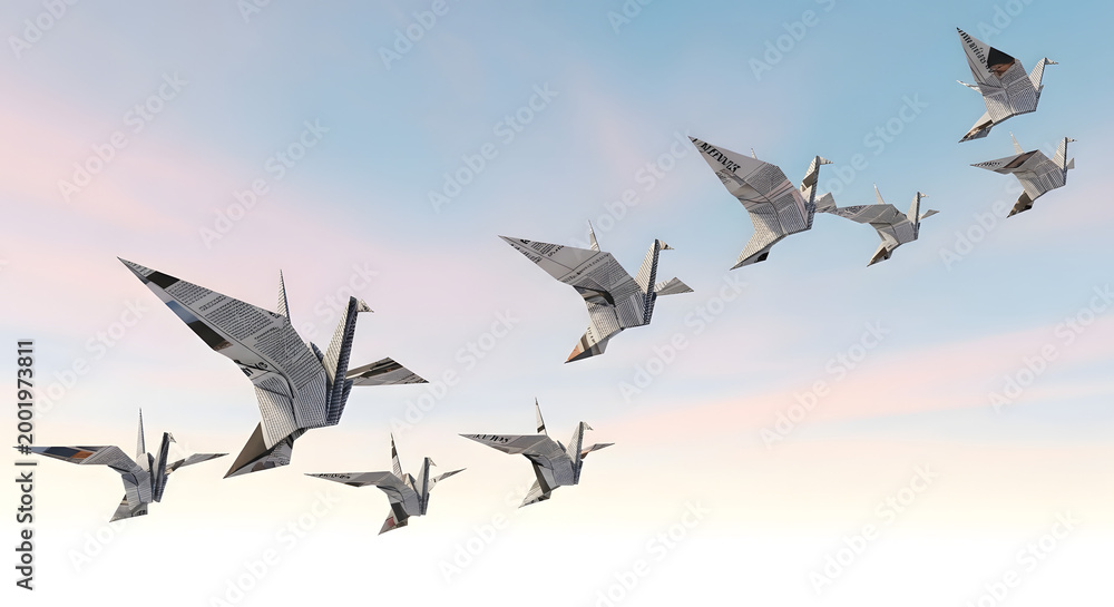 Fototapeta premium Paper Cranes Soaring Through Air Freedom and Aspirations