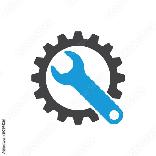 A blue wrench centered within a dark gray gear mechanism icon