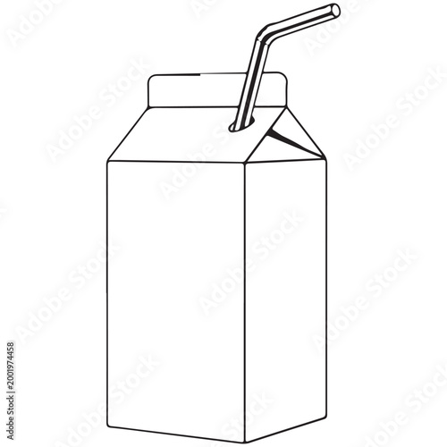 Line art illustration of a blank milk or juice carton with a straw isolated on white background