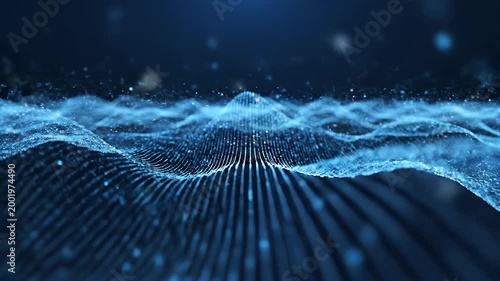 A vibrant blue digital wave of particles flows across a dark background, representing data or energy.