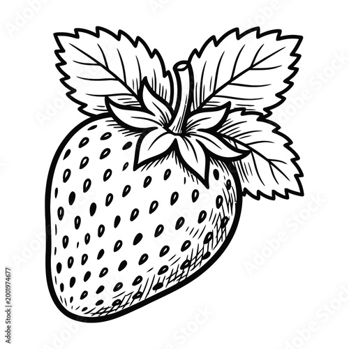 Detailed black and white illustration of a fresh strawberry with green leaves on top isolated on white background for food or healthy eating concepts