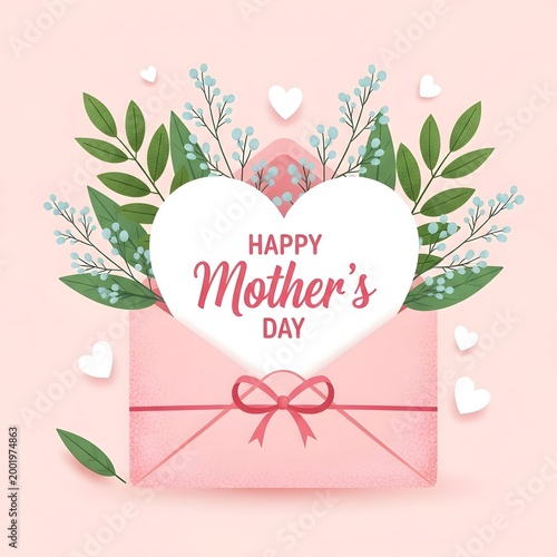 Happy Mother's Day card with pink envelope, heart, and floral foliage on pink background.