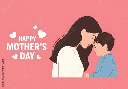 Minimalist happy Mother's Day greeting card with loving mother and child illustration
