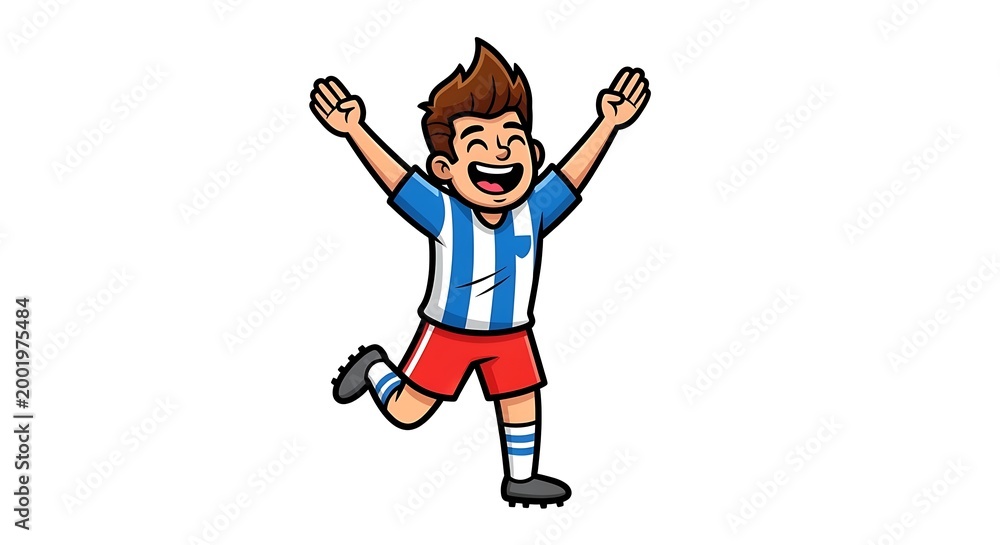 Fototapeta premium cartoon player celebrating after scoring goal, arms raised, joyful expression, energetic pose, isolated on pure white background, centered