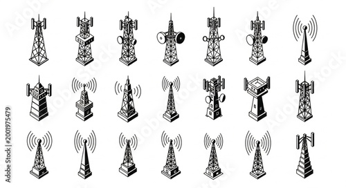 Konstfotografi Collection of communication towers and antennas in isometric view