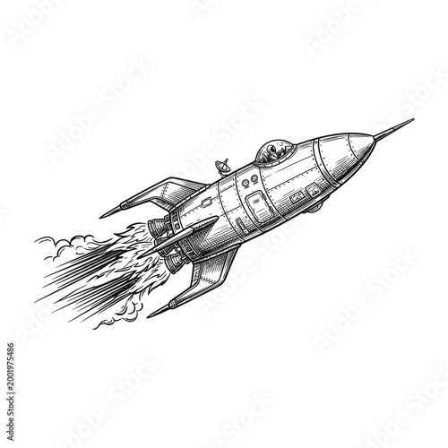 Rocket ship flying through space with flames and smoke