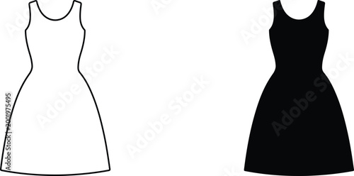 Minimalist sleeveless dress design illustration in white and black for fashion templates