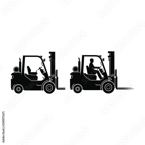 Forklift trucks with driver and empty seat in profile view on white background