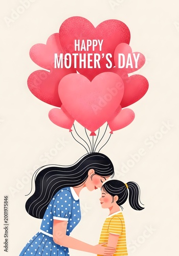 Happy Mother's Day card with mother, daughter, and heart balloons illustration.