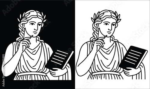 Calliope Playing Lyre Line Art – Greek Muse Music Illustration Vector