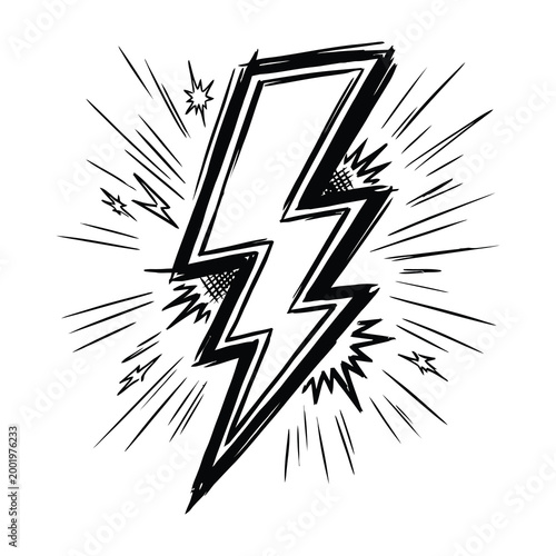 Bold black lightning bolt symbol with dynamic lines and sparks on white background