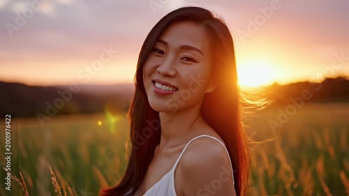 A smiling Asian woman stands in a field of tall grass bathed in the warm glow of a setting sun, creating a serene and picturesque moment.