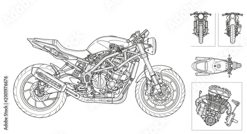 Foto Detailed line drawing of a modern motorcycle and its components.