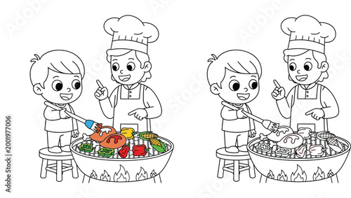 Cute little boy and chef grilling BBQ together coloring page illustration. Kid on stool basting chicken and vegetables on barbecue grill line art outline for kids coloring book.