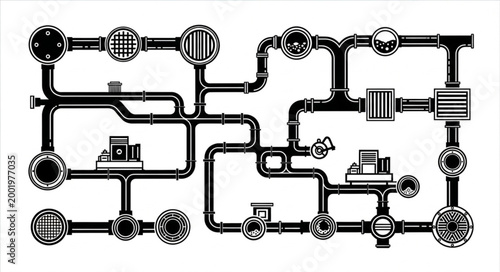 Complex industrial pipe system with valves and gauges illustration.