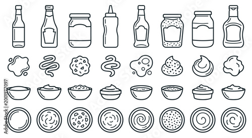 Line art icons of various condiment and sauce bottles. Includes ketchup, mustard, mayo, jam jars, and squeeze bottles. Ideal for food, recipes, and restaurant themes.