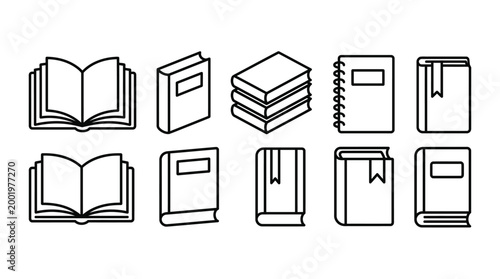 Set of black line art book icons showing various forms including an open textbook, a stack, a spiral notebook, and a volume with a bookmark in a clean, minimalist style