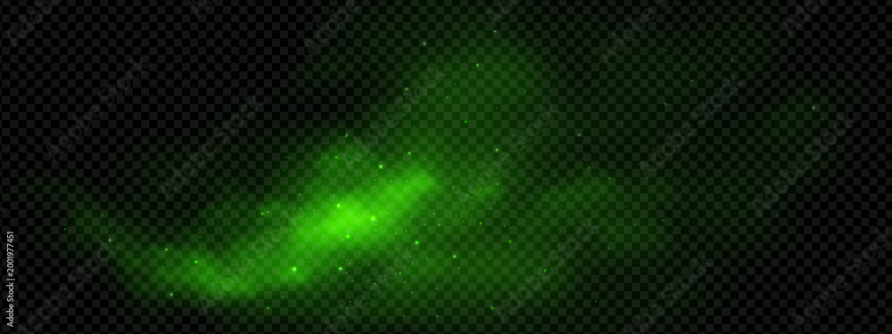Fototapeta premium Smell green smoke and magic cloud with sparkle effect for Halloween background. Light fog with particle and toxic powder on fake transparent bg. Emerald chemical texture with spooky night smog