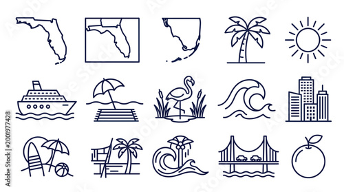 Florida travel icons set featuring tropical vacation symbols like palm trees, cruise ships, beaches, and city landmarks in a modern line art style.