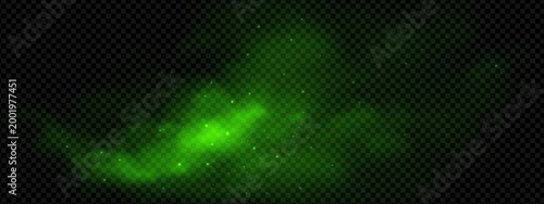 Smell green smoke and magic cloud with sparkle effect for Halloween background. Light fog with particle and toxic powder on fake transparent bg. Emerald chemical texture with spooky night smog