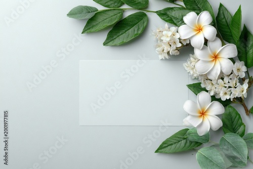 Grey Funeral Invitation Card with Plumeria Flowers and Leaves