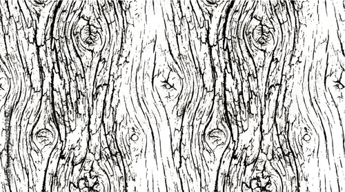Close-up black and white illustration of a rough, textured wood grain pattern with natural organic lines