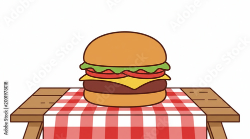 Classic Cheeseburger on a Checkered Picnic Table