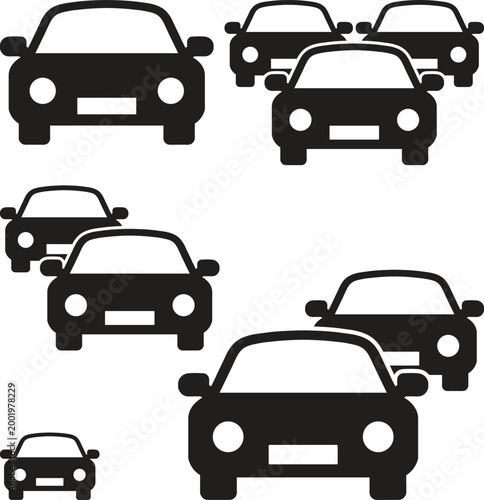 Set of black car icons, Cars icon set. Traffic jam , automobile, car, driving, transport. Auto symbol on white background - stock vector. front view, flat design style, vector illustration
