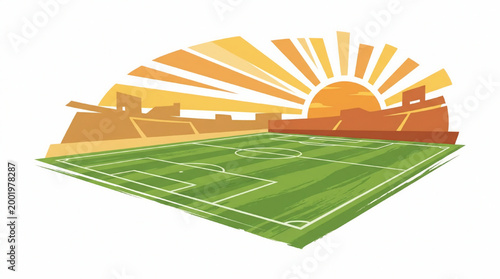 Sunlight over an empty soccer field stadium illustration