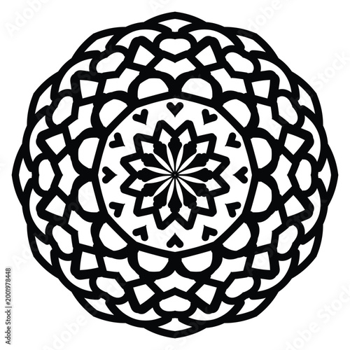 intricate black and white mandala with love symbols and floral patterns vector illustration
