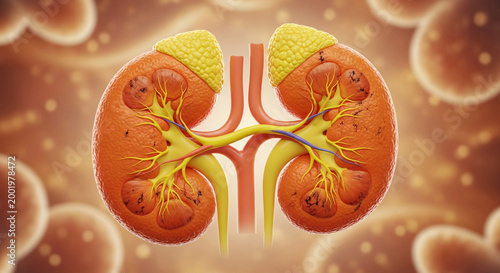 Pair of human kidneys with adrenal glands and internal vascular structures on a cellular background