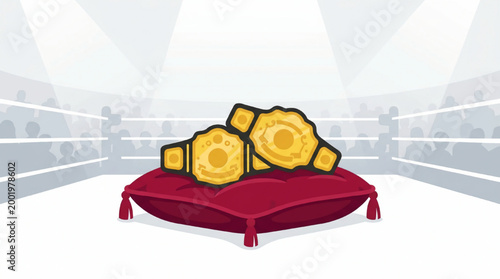 Professional wrestling championship belts on a velvet cushion in a ring