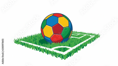 Colorful soccer ball sitting on a green grass pitch section