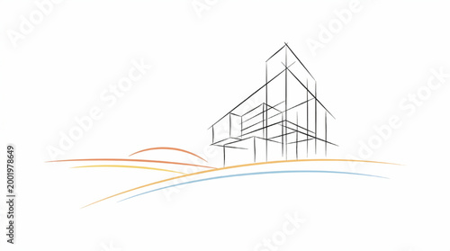 Minimalist architectural sketch of a modern house on a hill