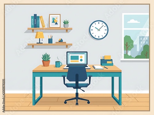 Modern home office workspace with desk chair computer plant lamp clock and city view through window  comfortable and productive work environment