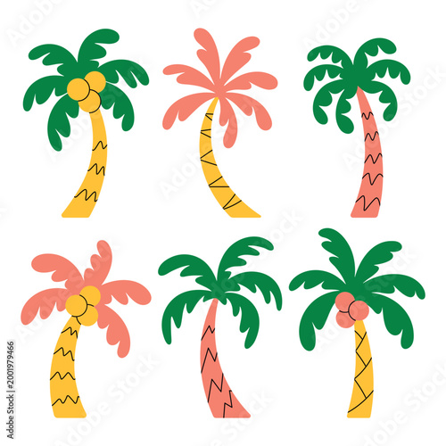 Palm trees vector set in flat style, tropical summer collection with colorful coconut palms isolated on white background.