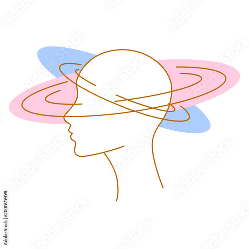 Mental health illustration. Dizziness in head. Female character with psychological problems.