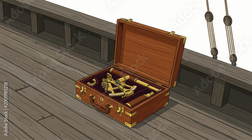 Vintage Navigation Tools in Wooden Case on Ship Deck