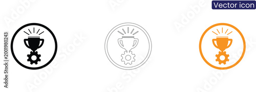 Vector icon set of trophy cup with gear on white background, symbolizing achievement and success, perfect for business and technology designs