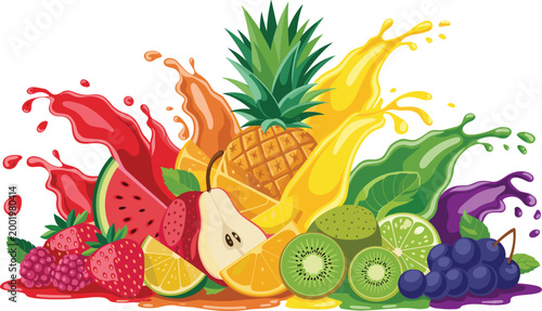 Vibrant fruit splash illustration with pineapple berries and kiwi